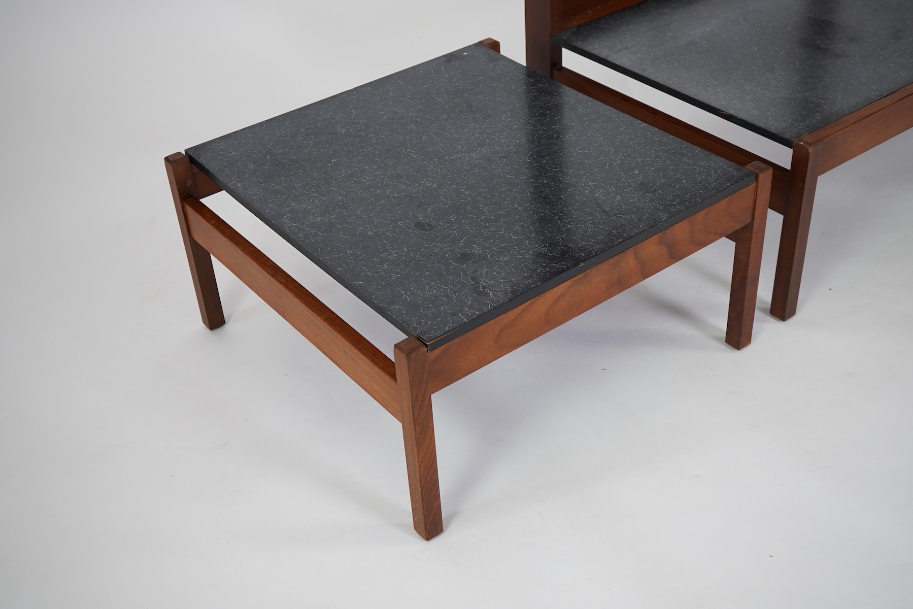 George Fejér (Hungarian, 1912-1996) for Guy Rogers of Liverpool: A 'Beverly Hills' mid-century hall stand shelving unit and matching occasional table